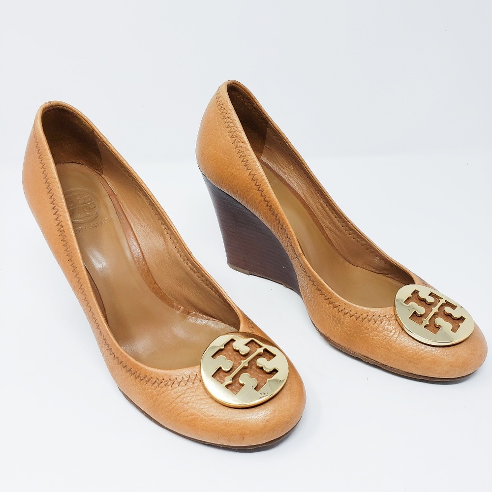 Tory Burch brown leather wedge stacked heels 7.5M